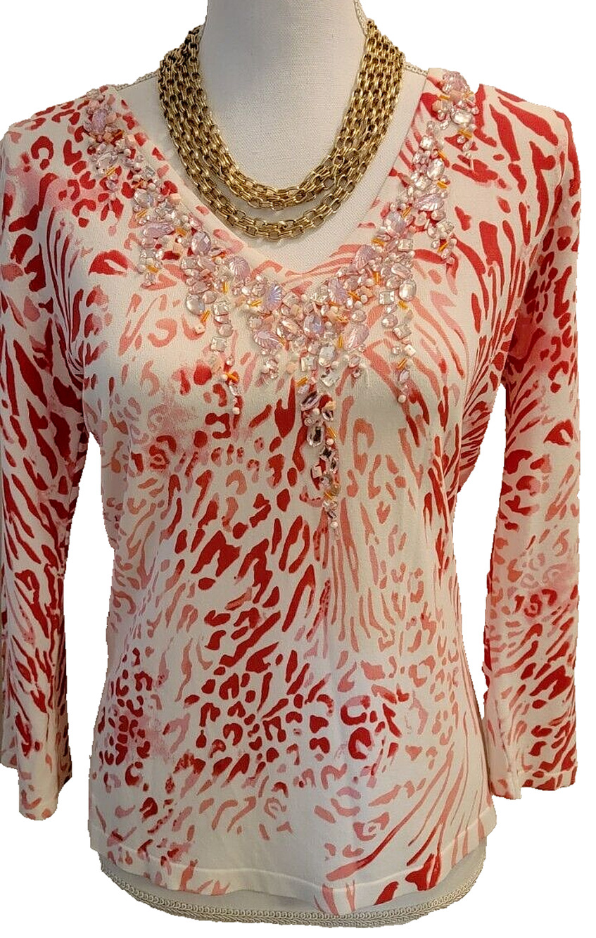 Christine Phillipe D'image Red White Stretchy 3/4 Sleeve top Shirt Beaded Neck M